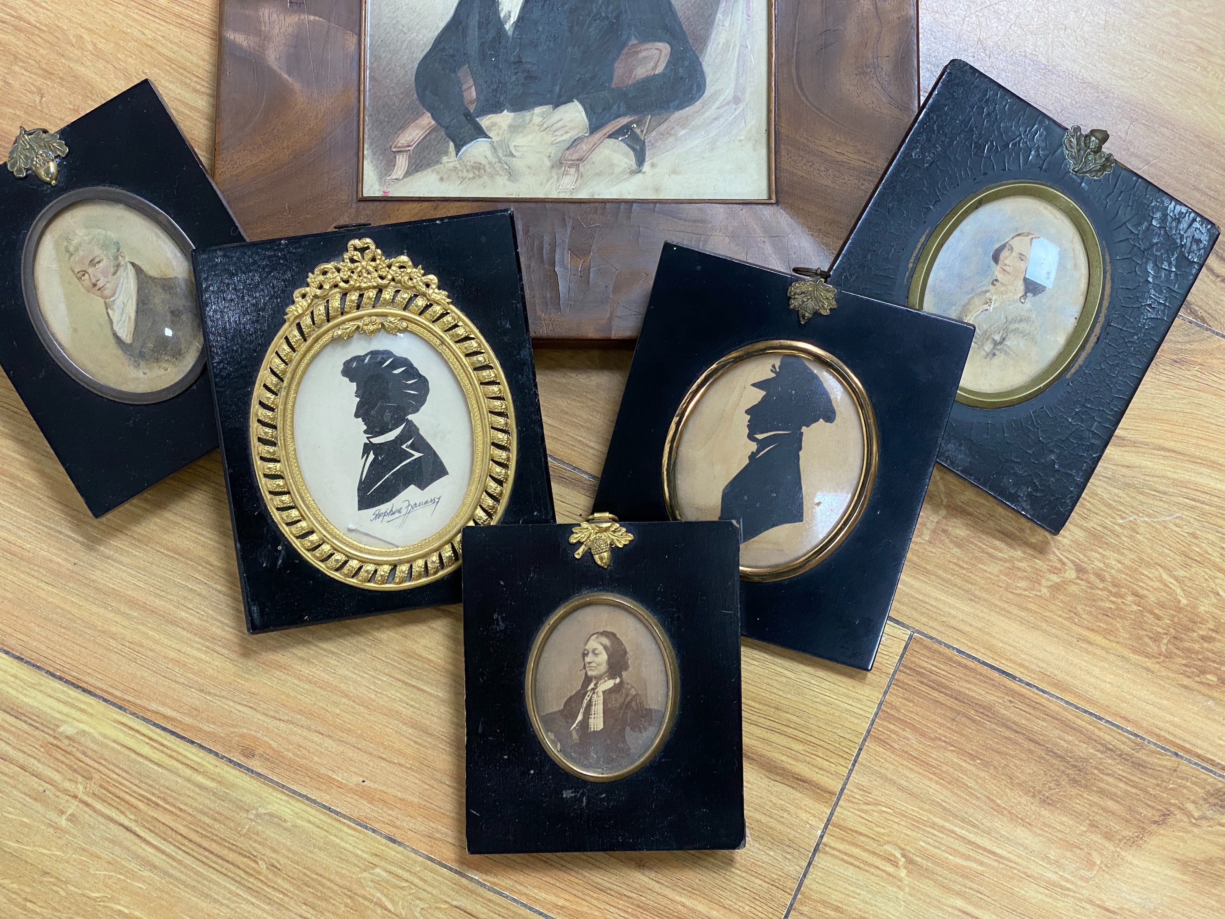 A small collection of six Victorian miniatures & silhouettes, the largest 19.5 x 16 cm